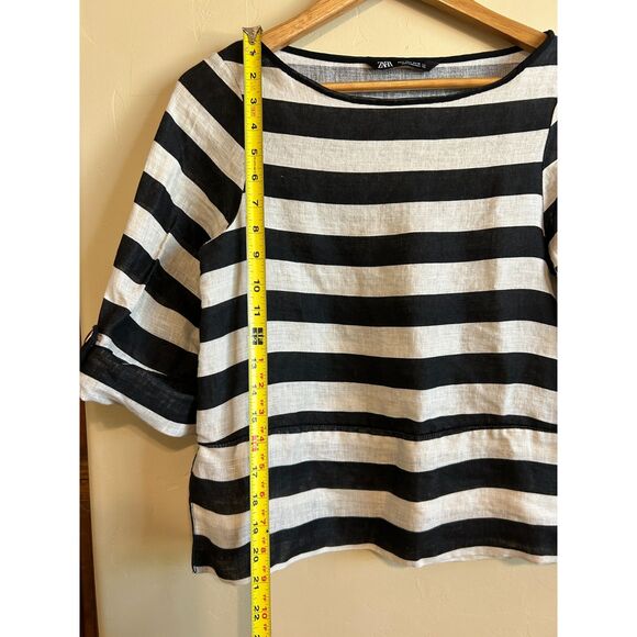Zara Striped 100% Linen Top Black White Striped Top Gold Button Accent US/S EU/S - Picture 6 of 7
